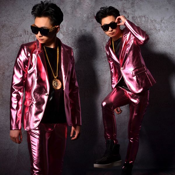 

nightclub male singer ds dj pink pu suit hip hop show coat trousers mens gogo dance costme pstage performance clothing vdb2588, Black;red
