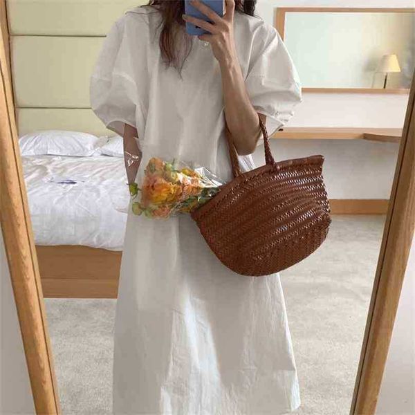 

vintage o-neck short puff sleeves summer a-line solid fashion gentle femme all match long dresses vestidos 210525, Black;gray