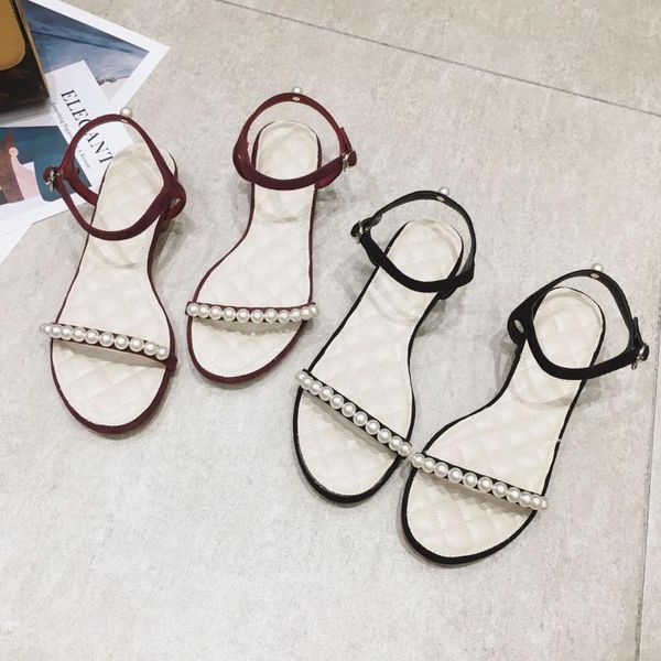 

2021 summer new graceful flat bottom rome sandals pearl simple and versatile open toe a- line buckle sandals women, Black