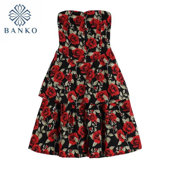 

casual dresses 2021 retro rose printed bra dress female summer french elegant temperament slim off shoulder black red women, Black;gray