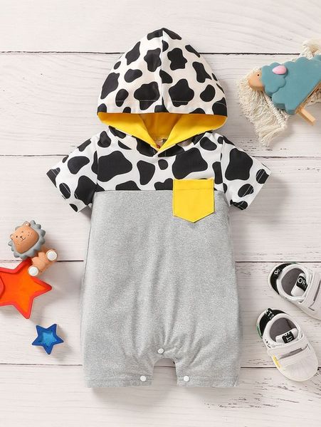 

baby cow print patched pocket hooded romper she, Blue