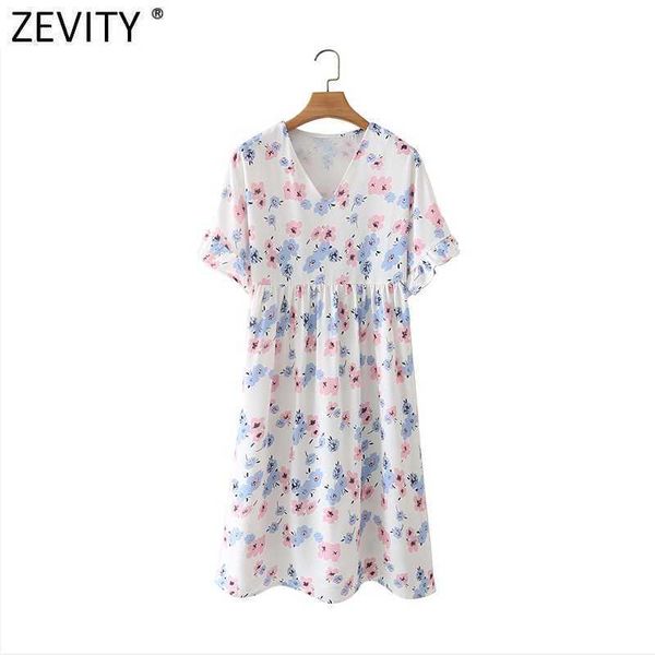 Zeveity Women Sweet V-шеи Цветочные принт Повседневная Мини-Рубашка Платье Женский Chic Plifet Butterfly Рукав Kimono Vestido DS8357 210603