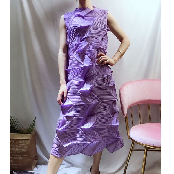 

casual dresses miyake pleated summer dress women overall high collar loose large size diamond sleeveless a-line dress 1028 sfso, Black;gray