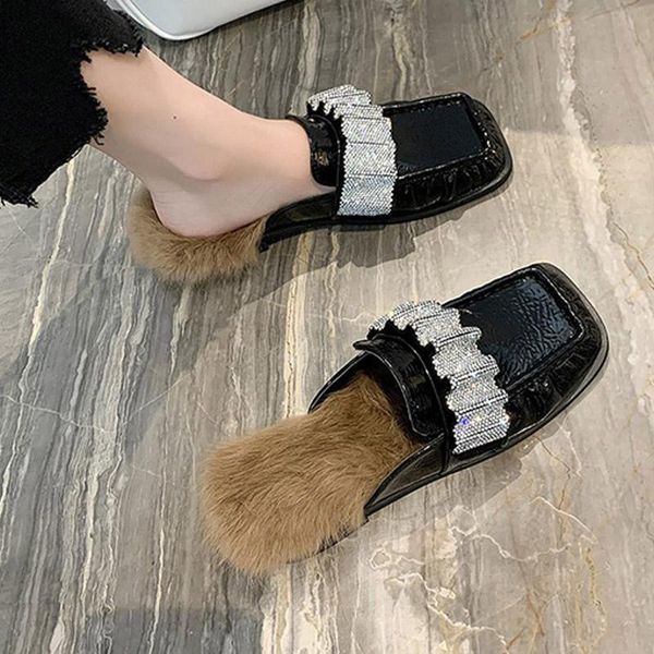 

slippers women's mule furry females square toe rhinestone chain pu leather solid sewing slides ladies casual warm indoor shoes, Black