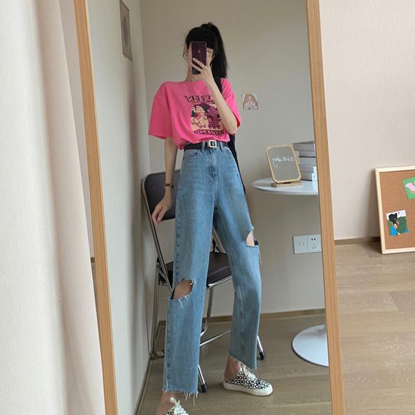 

autumn 2021 new korean version torn loose brem for woman tall waist thinner straight pants y6cw, Blue