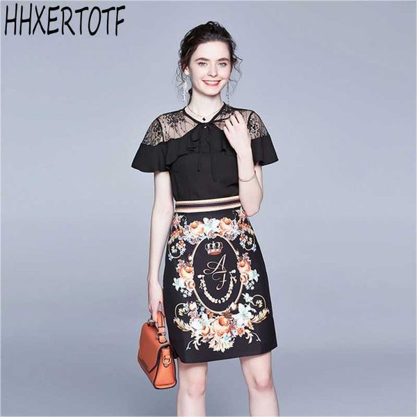 

fashion runway two piece women set lace patchwork ruffles black blouse rose flower print a-line skirt 210531, White