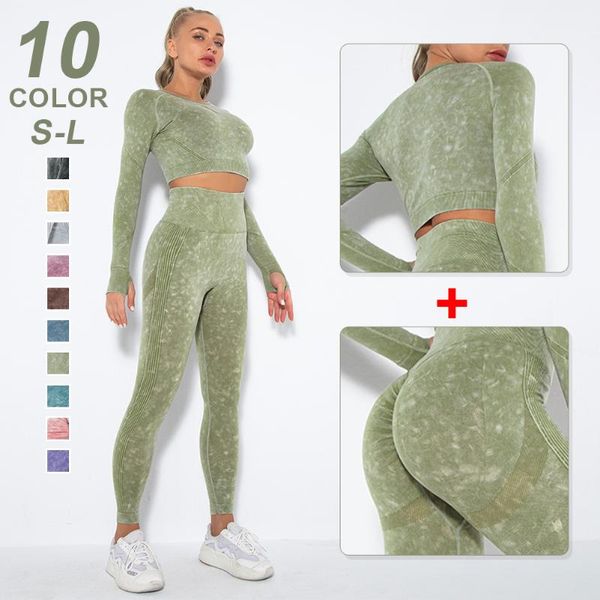 

yoga outfit 2 pcs women nylon workout suit seamless set high waist leggings long sleeve outdoor running gym sportswear