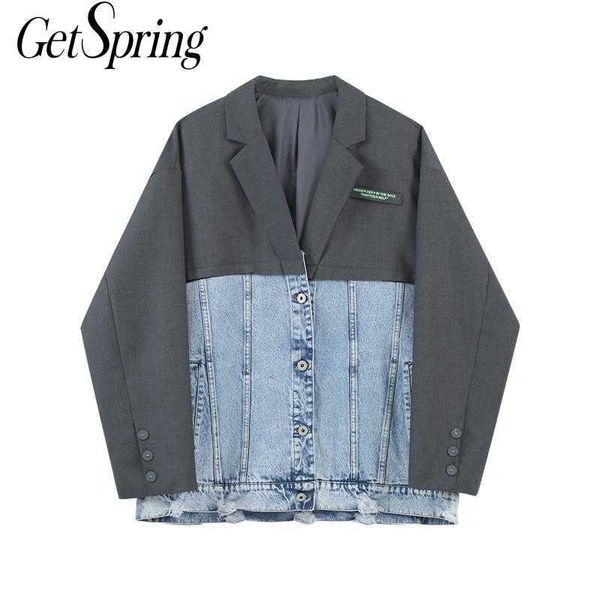 

getspring women blazer denim patchwork color matching casual suit woman asymmetry loose jean coats fashion 210601, White;black