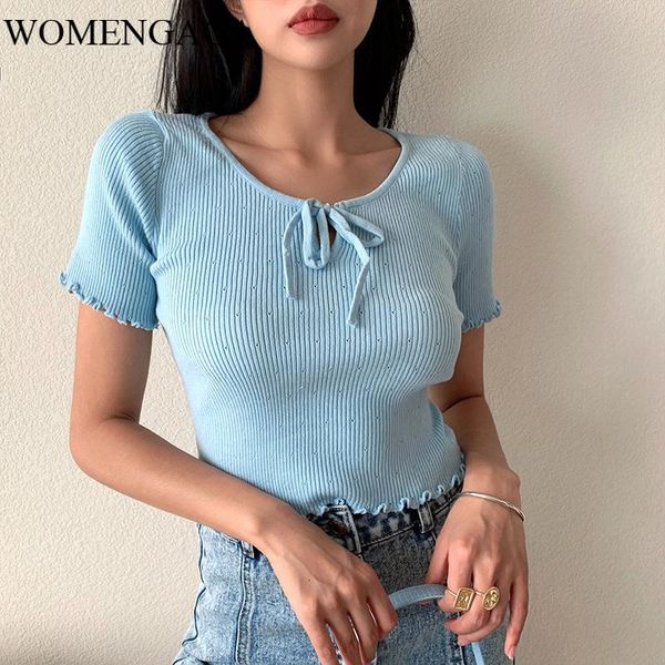 

women's blouses & shirts 2021 summer french bow girl slim round collar shirt female knitting elasticity high waist short blouse zga, White