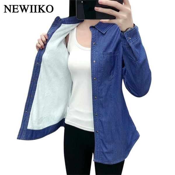 Nova Outono Outono Mulheres Algodão Flanela Quente Espessamento Bolso De Manga Longa Blusa Denim Camisa Casual Flanela Tops Plus Size 210225