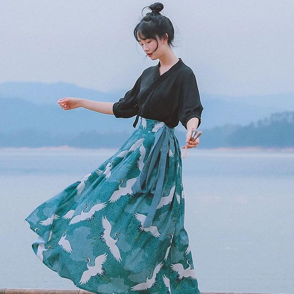 

skirts summer art print chiffon skirt + two piece po han suit female 8708#, Black