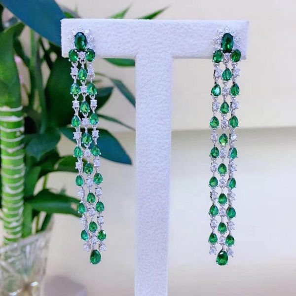 

dangle & chandelier long tassels earring 925 sterling silver with cubic zircon fine women jewelry for party wedding blue red green