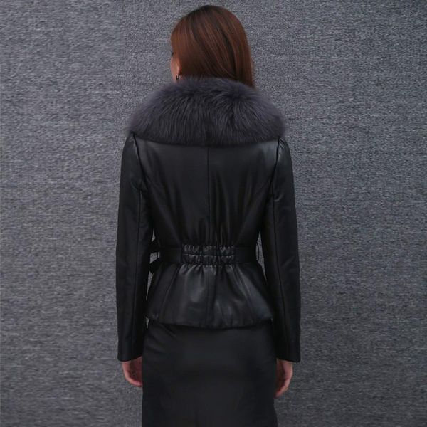 

women's leather & faux genuine jacket short women big fur collar sheepskin coat slim down jackets chaquetas mujer 2021 kj4684, Black