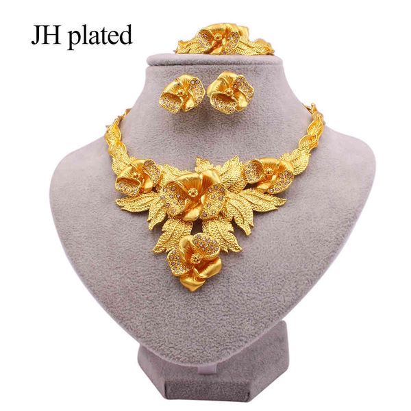 

jewelry sets gold color african bridal wedding gifts for women necklace bracelet earrings ring flower jewellery ornament, Black