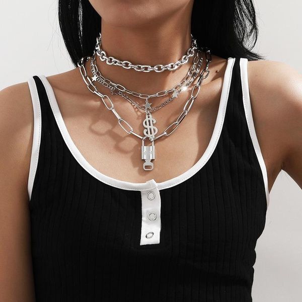 

chains accessories hip-hop punk dollar star chain necklace women fashion key lock set, Silver