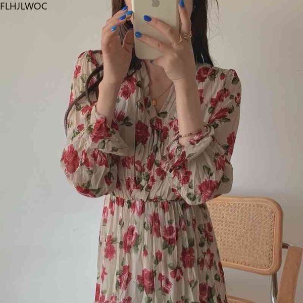 

casual dresses chic korea feminine vestidos womens fashion long sleeve slim waist a line retro vintage floral printing cute 0233 k, Black;gray