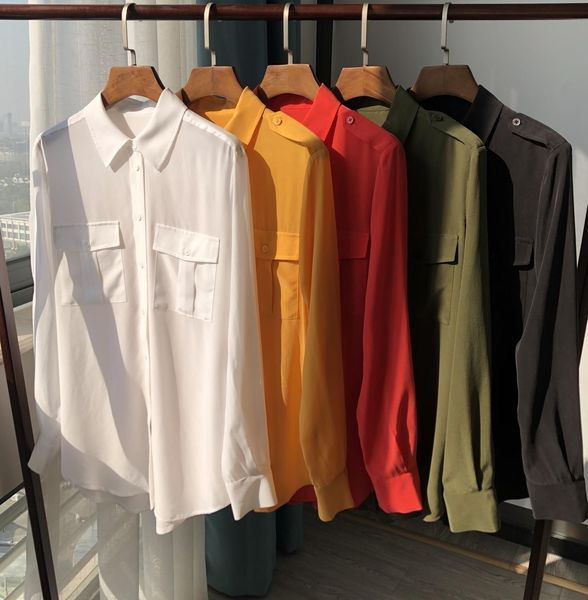 

2021 new 100% de seda camisa feminina gola turndown manga longa escritrio senhora blusa s com bolsos duplos 4535, Black