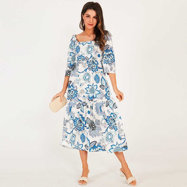 

casual dresses summer women long holiday style a-line square collar vintage pullover floral print half sleeve sweet elegant es nfh, Black;gray