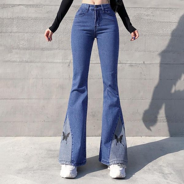 

women's jeans om fashion hall ins wind contrast stitching retro butterfly slimming slim legs long pants, Blue