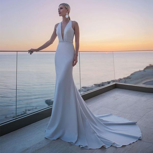 

other wedding dresses modest satin mermaid 2021 sleeveless deep v-neck sweep train open back bridal gown with crystal belt, White