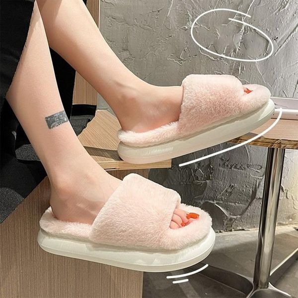 

slippers 2021 winter fashion soft round head furry women platform shoes warm thick bottom comfortable home, Black