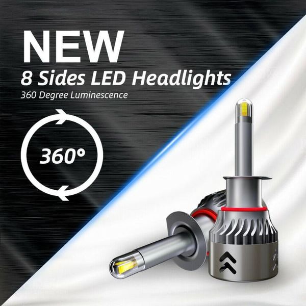 

360Â° h1 led headlight kit 8 sides car dc 9-32v fog light high or low beam white 2pcs