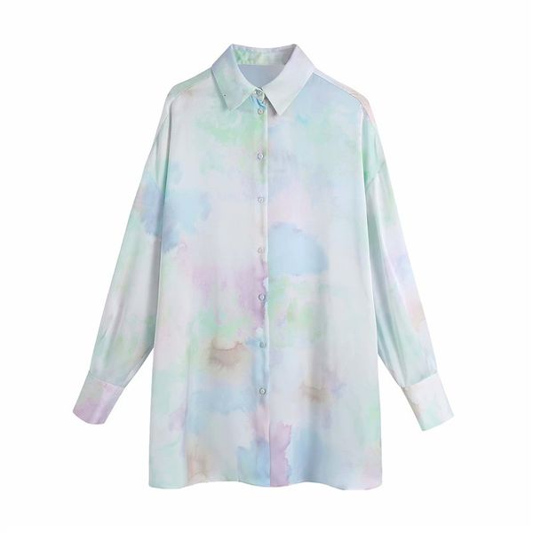 

women's blouses & shirts women fashion tie-dye print za long shirt oversize chic lady casual turn-down collar sleeve loose sagging, White