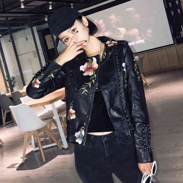 

women's jackets autumn winter fashion print embroidery rivet pu leather women streetwear wash locomotive faux  eather q1336 myrt, Black;brown