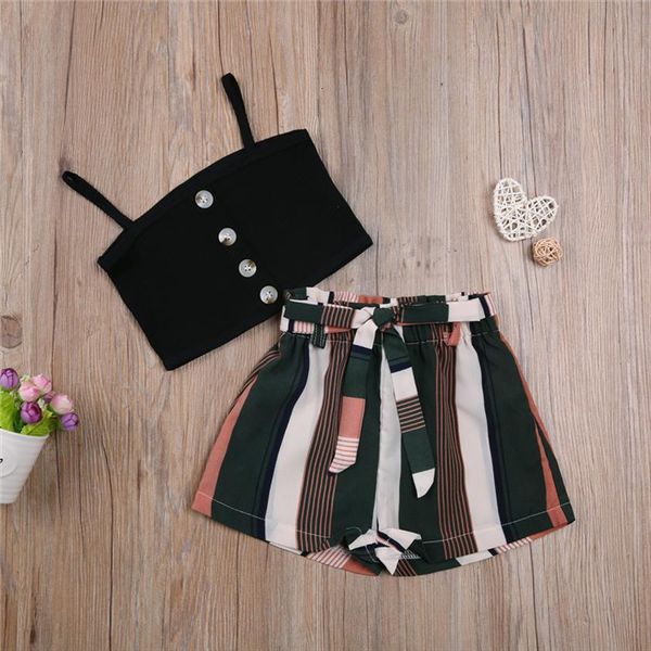 

summer fashion 2 pieces kids suit set color sleeveless spaghetti strap striped shorts for girls black 1 6 years, White