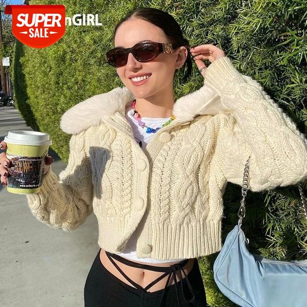 

heyoungirl autumn knitted cropped cardigan women furry collar autumn long sleeve sweater ladies casual button knitwear winter #u00v, White