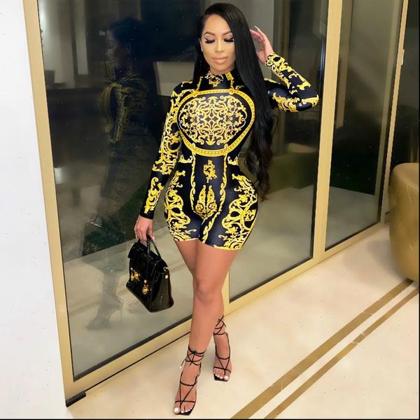 

fashion vintage print womens jumpsuits long sleeve shorts bodycon one piece clubwear fall women clothing, Black;white