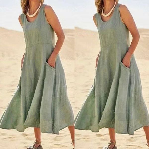 

summer women's sleeveless cotton and linen solid color beach dress, Black;gray