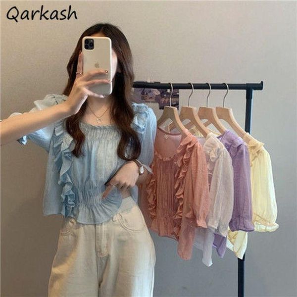 

women's blouses & shirts women ruffles casual summer retro romantic female lovely chiffon slim ulzzang high street holiday chic all-mat, White