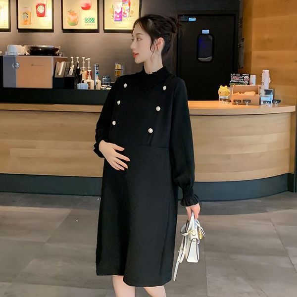 

2021 spring autumn pregnant women dress plus size turtleneck long sleeve maternity black dresses office lady elegant party dress, White