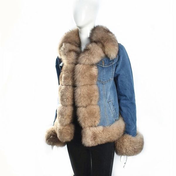 

latest natural 2021women's fox short denim thick cotton rabbit lining jacket real fur eur t4tj, Black