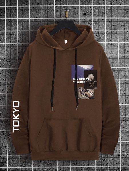 

men car and slogan graphic kangaroo pocket drawstring hoodie 94id#, Black