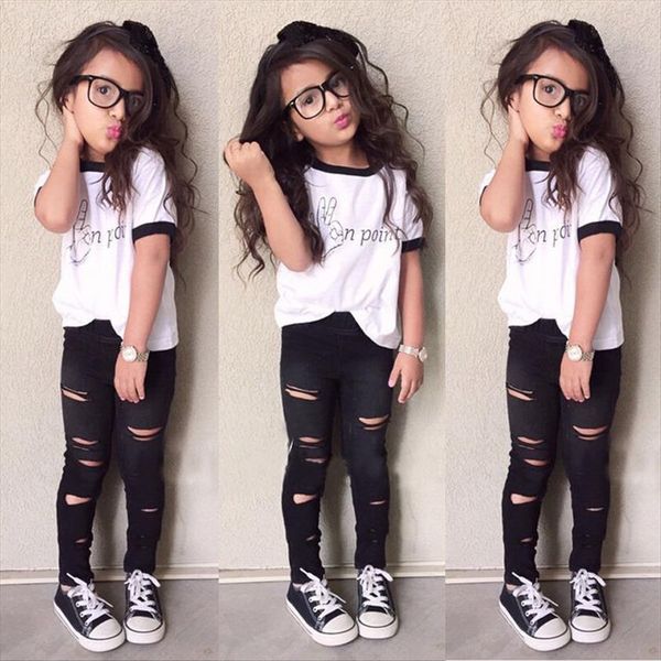 

toddler kids girl t shirt long ripped pants leggings outfits set clothes, White