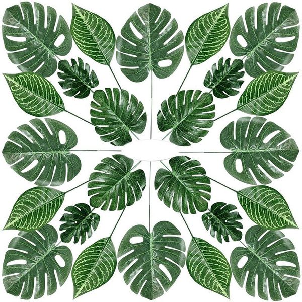 

80 pieces 4 kinds palm leaves with stems faux monstera leaves tropical plant simulation for decorations