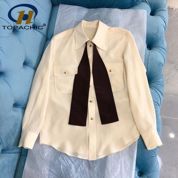 

1.19 early spring new contrast color ribbon lapel pockets temperament silk shirt women, White