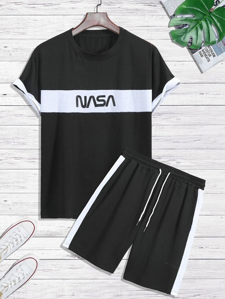 

men letter graphic contrast panel tee & shorts h1mc#, Gray