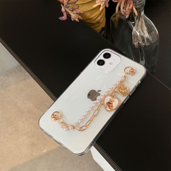 

love heart bear wrist chian strap phone case for samsung s20fe note20plus a51 a71 a10 a20e a40 pearl chain transparent cases