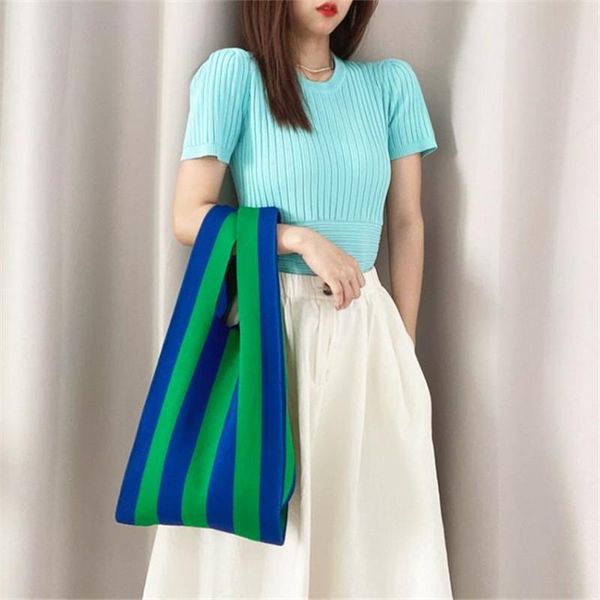 

evening bags stripe knitted fabric women shoulder bag colour blocking design pleated woolen cloth handbag foldable strapped tote ladies