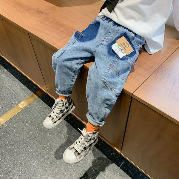 

jeans children baby boys pure cotton casual denim cowboy pants spring 2021 fashion for older, Blue