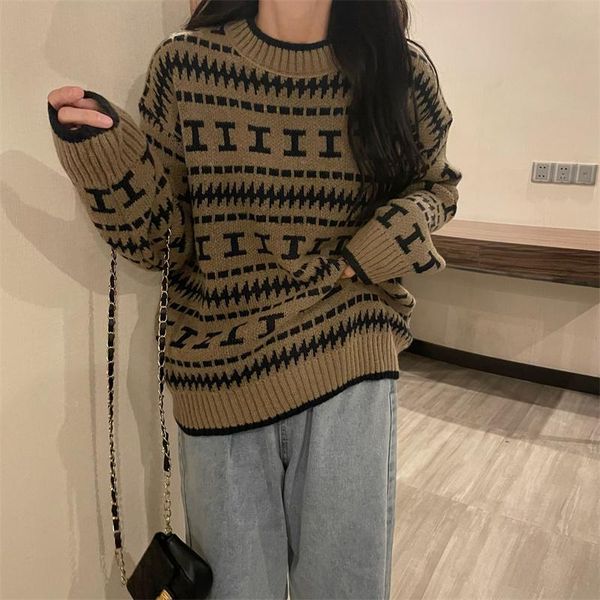 

women's sweaters sweater autumn and winter loose outer wear 2021 lazy wind round neck pullover rhombic design long sleeve top, White;black