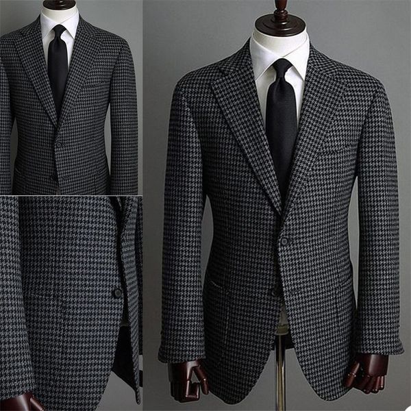 Houndstooth Erkek Takım Elbise Gri Custom Made Erkek Ceket Yakışıklı Kruvaze Smokin Doruğa Yaka Blazer Foamal İş Ceket