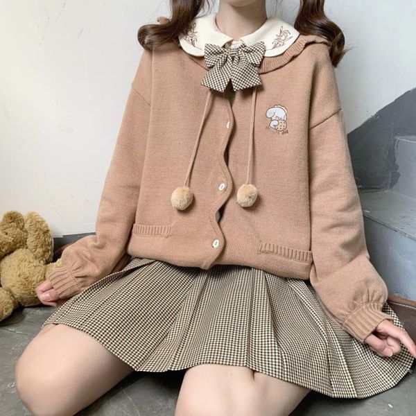 

women's knits & tees winter lolita cute ears hooded jumper button down jackets kawaii cat embroidery cardigan teen girls harajuku knit, White
