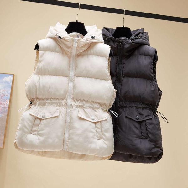 

winter drawstring waist color hooded thickened warm short cotton vest women's bread, White