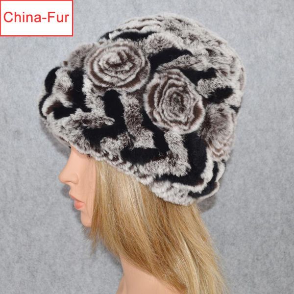 

beanie/skull caps women real rex fur hats knitted striped lady natural beanies cap winter warm flowers wholesale retail, Blue;gray