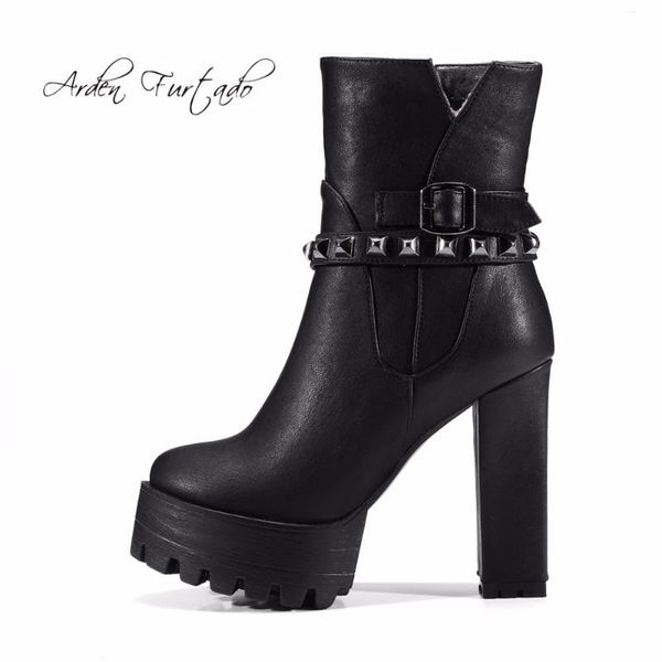

boots arden furtado 2021 winter style shoes for woman platform rivets high heels 12cm fashion ankle 32-42, Black