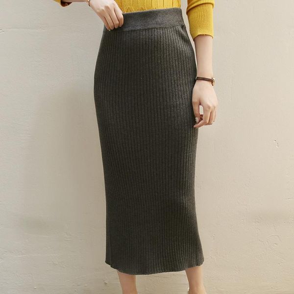 

skirts 2021 women suede split thick stretchy skirt female pencil plus size jupe femme faldas mujer, Black